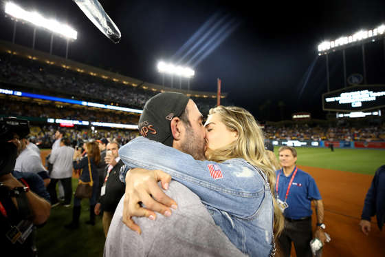 Slide 3 of 61: Justin Verlander #35 of the Houston Astros celebrates with fiancee Kate Upton after the Astros defeated the Los Angeles Dodgers 5-1 in game seven to win the 2017 World Series at Dodger Stadium on November 1, 2017 in Los Angeles, California.