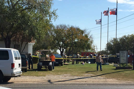 The area around a site of a mass shooting is taped off in Sutherland Springs, Texas on Nov. 5, 2017 in this picture obtained via social media.