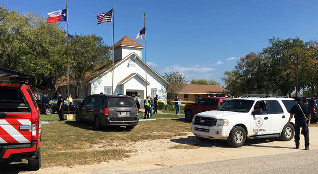 Emergency personnel respond to a fatal shooting at a Baptist church in Sutherland Springs, Texas, Sunday, Nov. 5, 2017.
