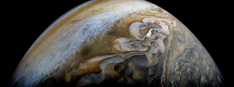 Slide 7 of 86: See swirling cloud formations in the northern area of Jupiter's north temperate belt in this new view taken by NASA’s Juno spacecraft. The color-enhanced image was taken on Feb. 7 at 5:42 a.m. PST (8:42 a.m. EST), as Juno performed its eleventh close flyby of Jupiter. At the time the image was taken, the spacecraft was about 5,086 miles (8,186 kilometers) from the tops of the clouds of the planet at a latitude of 39.9 degrees. Citizen scientist Kevin M. Gill processed this image using data from the JunoCam imager.