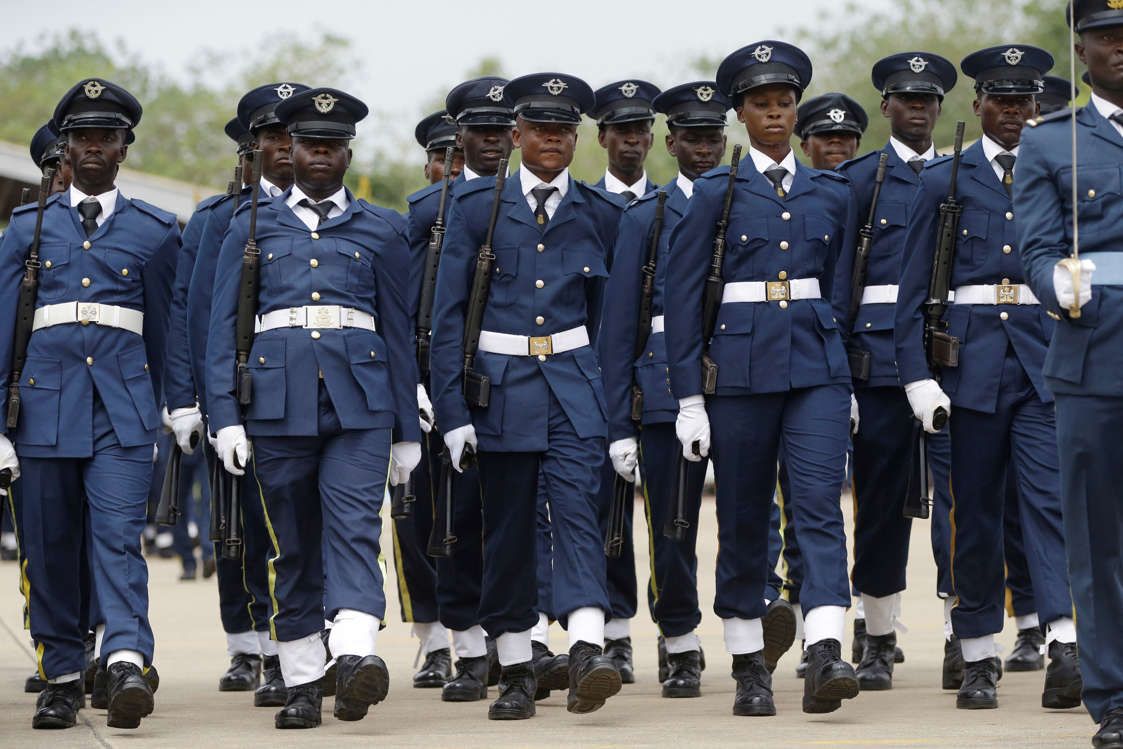 Slide 8 of 51: In this photo taken Saturday, April. 22, 2017 Nigeria Airforce officers match during a parade to celebrate 53rd Anniversary of the Nigeria Airforce in Makurdi, Nigeria. (AP Photo/ Sunday Alamba)