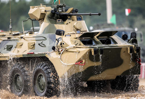 Slide 4 of 51: TYUMEN, RUSSIA - AUGUST 6, 2017: Uzbekistan's BTR-82A armoured personnel carrier takes part in the final stage of the Safe Route contest as part of the 2017 International Army Games held by Russias Defence Ministry, at the firing range of the Tyumen Higher Military Engineering Command School. Sergei Bobylev/TASS (Photo by Sergei Bobylev\TASS via Getty Images)