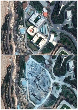 Slide 3 of 40: This combination of satellite images provided by DigitalGlobe, a Maxar company, shows the Barzah Research and Development Center in Syria on Friday, April 13, 2018, top, and on Sunday, April 15, bottom, following a U.S.-led allied missile attack. The U.S., France and Britain launched missiles at Syrian military targets early Saturday, April 14, in response to an alleged chemical weapons attack near Damascus. (Satellite Image ©2018 DigitalGlobe, a Maxar company via AP) THE DIGITALGLOBE WATERMARK MAY NOT BE REMOVED