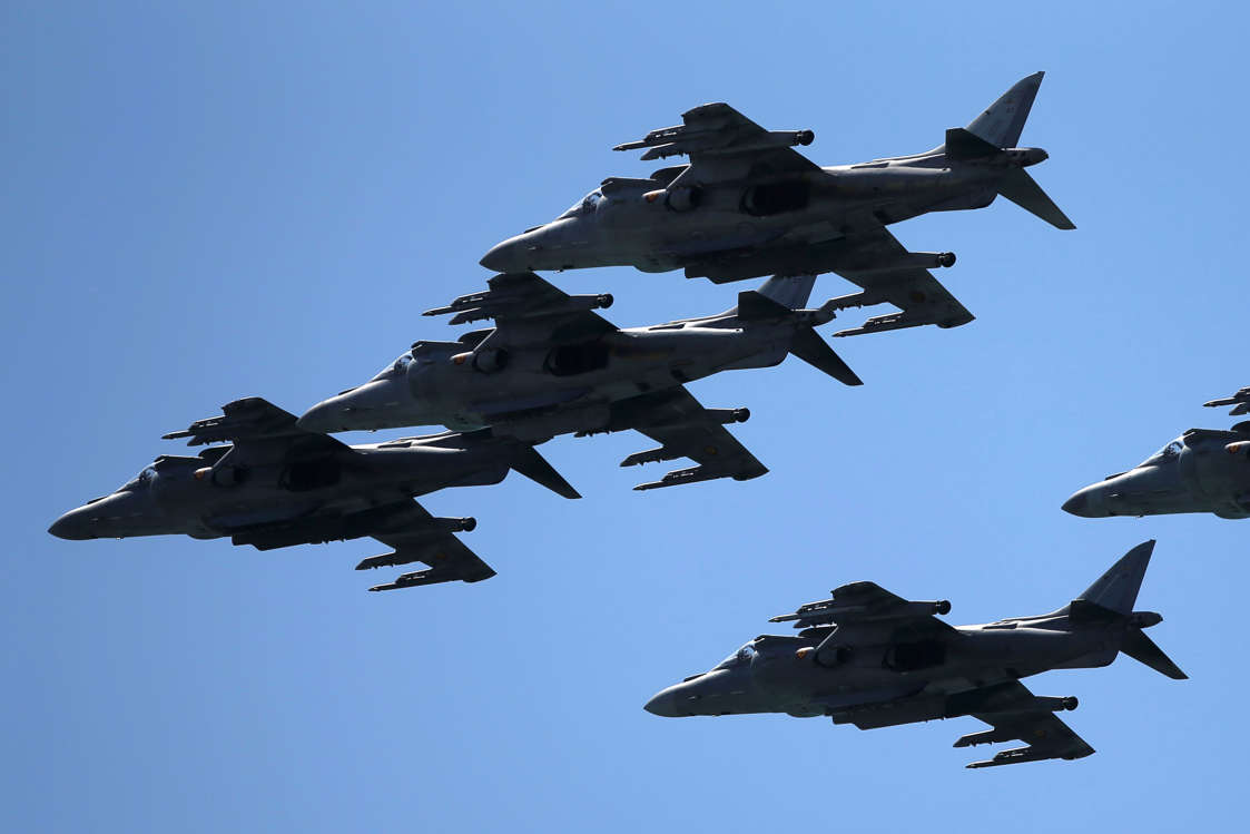 Slide 32 of 51: Five AV-8B Harrier jets from the Spanish Navy fly during an international aerial and naval military exhibition commemorating the centennial of the Spanish Naval Aviation, over a beach near the naval airbase in Rota, southern Spain, September 16, 2017. REUTERS/Jon Nazca