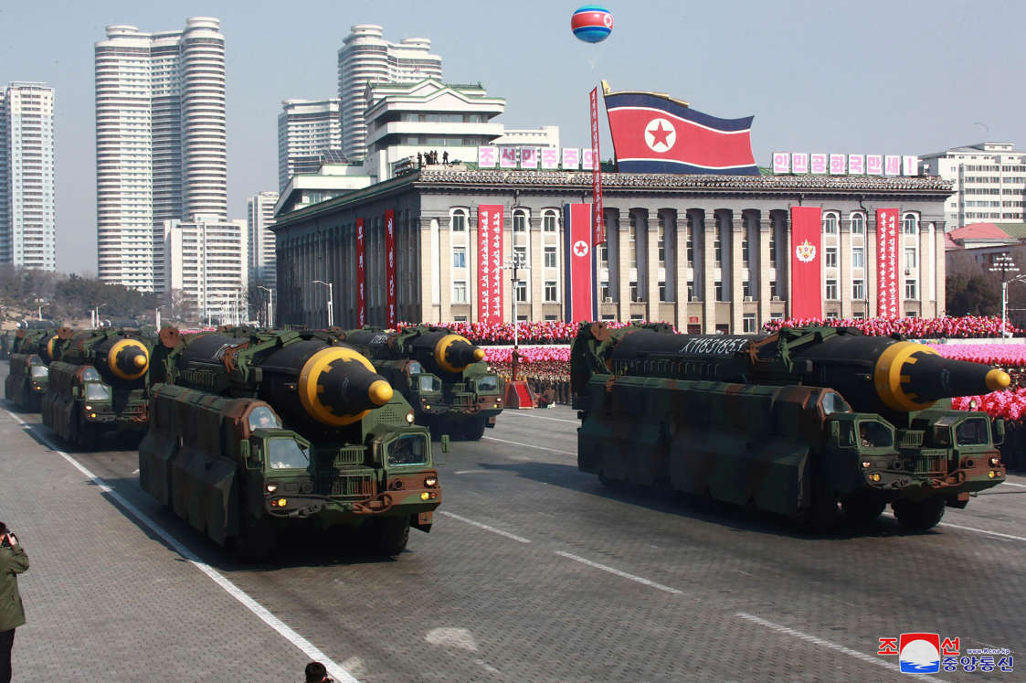Slide 27 of 51: In this Thursday, Feb. 8, 2018, photo provided by the North Korean government, missiles, what North Korea calls their Hwasong-12's, are displayed during a military parade in Pyongyang, North Korea. Independent journalists were not given access to cover the event depicted in this image distributed by the North Korean government. The content of this image is as provided and cannot be independently verified. Korean language watermark on image as provided by source reads: "KCNA" which is the abbreviation for Korean Central News Agency. (Korean Central News Agency/Korea News Service via AP)
