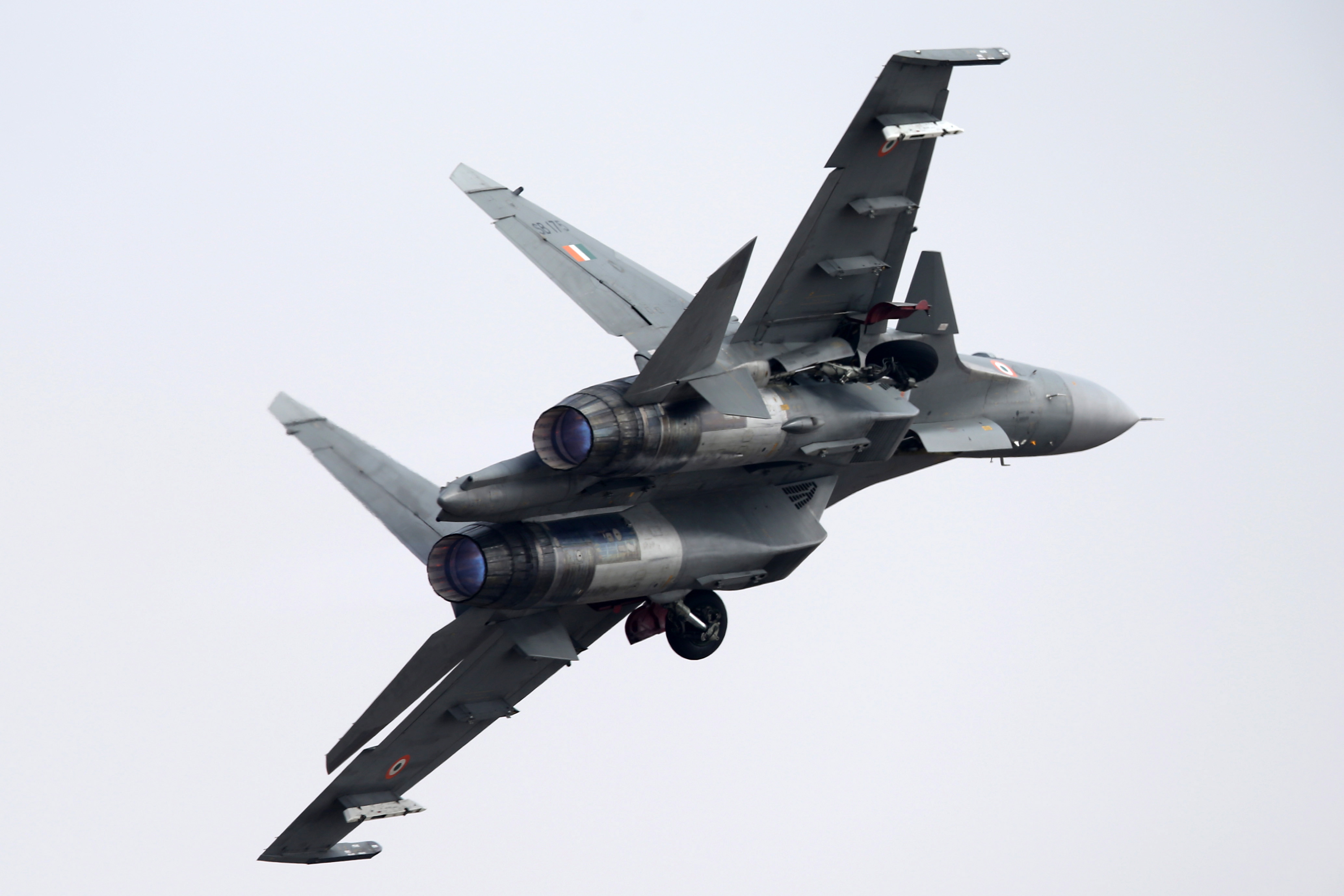 BENGALURU, INDIA - FEBRUARY 14, 2017: A Sukhoi Su-30MKI twinjet multirole air superiority fighter performs a demonstration flight at Aero India 2017, an air show and aviation exhibition. Marina Lystseva/TASS (Photo by Marina Lystseva\TASS via Getty Images)