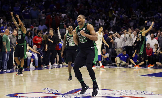 Slide 5 of 154: Boston Celtics' Al Horford (42) celebrates after winning Game 3 of an NBA basketball second-round playoff series against the Philadelphia 76ers, Saturday, May 5, 2018, in Philadelphia. (AP Photo/Matt Slocum)