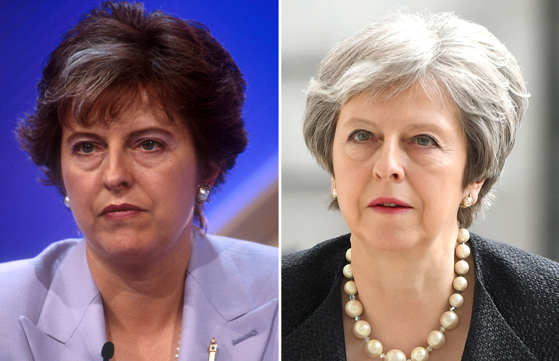 Slide 4 of 68: Theresa May speaking at the Conservative Party conference 2000., MP, Cons, Shadow Secretary for Education and Employment; Shadow Cabinet Spokeswoman for womens issues giving a speech at the annual Conservative conference in Bournemouth. (Photo by Jeff Overs/BBC News & Current Affairs via Getty Images); LONDON, ENGLAND - APRIL 23: Prime Minister Theresa May arrives for a memorial service at St Martin-in-the-Fields in Trafalgar Square to commemorate the 25th anniversary of the murder of Stephen Lawrence on April 23, 2018 in London, England.. The 18-year-old murder victim was fatally stabbed by a gang of racists in Eltham, south-east London, on April 22 1993. (Photo by Victoria Jones WPA Pool/Getty Images)