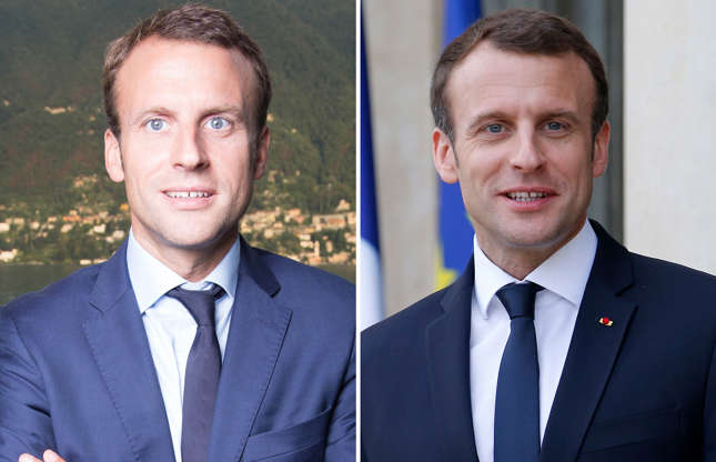 Slide 8 of 68: The Minister of the Economy, Industry and Digital Affairs of the French Republic Emmanuel Macron wearing a suit by Jones Paris at the Forum Ambrosetti in Villa d'Este. Cernobbio, Italy; PARIS, FRANCE - APRIL 16: French president Emmanuel Macron smiles as Canadian Prime Minister Justin Trudeau leaves the Elysee Palace after their meeting on April 16, 2018 in Paris, France. Trudeau is in Paris for a two-day visit. (Photo by Chesnot/Getty Images)