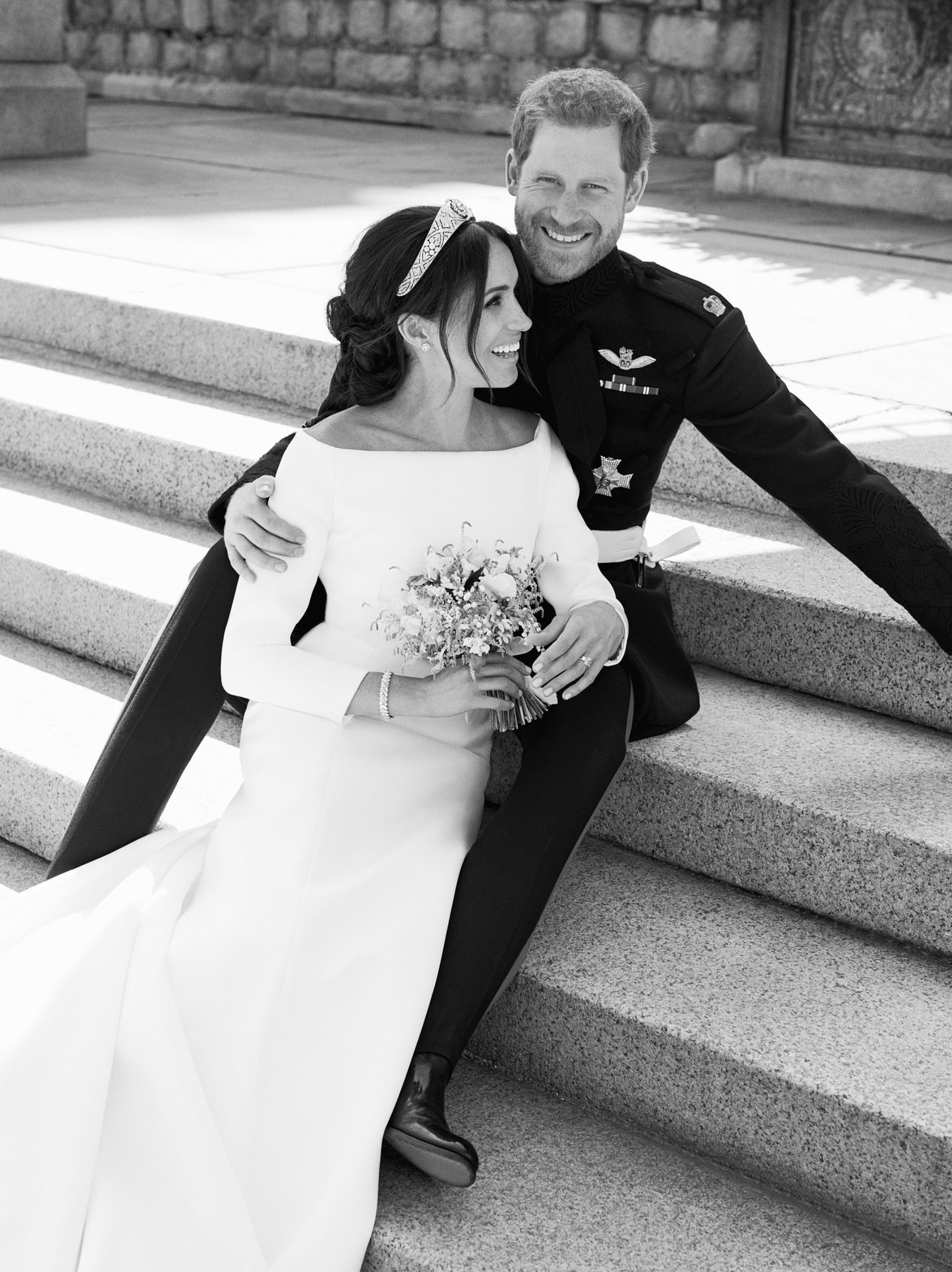 Slide 2 of 56: "The Duke and Duchess of Sussex were also photographed on the East Terrace, Windsor Castle. Their Royal Highnesses would like to thank everyone for their kind wishes and sharing in their special day #RoyalWedding￼" --The Royal Family Twitter account, which shared this official wedding photo of Prince Harry and Meghan Markle taken by Alexi Lubomirski