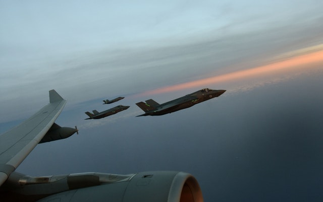 F-35B Lightning jets during a refuelling exercise with an RAF Voyager over the skies of Charleston on the east coast of the US