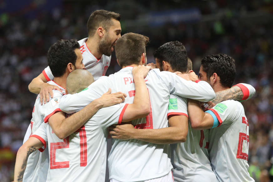 KAZAN, RUSSIA - JUNE 20, 2018: Spanish football players celebrate a goal in a First Stage Group B football match between Iran and Spain at Kazan Arena at FIFA World Cup Russia 2018. Sergei Bobylev/TASS (Photo by Sergei Bobylev\TASS via Getty Images)