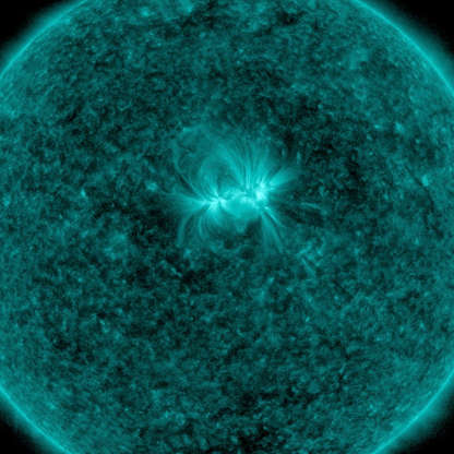 Slide 5 of 86: The lone active region visible on our Sun put on a fine display with its tangled magnetic field lines swaying and twisting above it (Apr. 24-26, 2018) when viewed in a wavelength of extreme ultraviolet light.