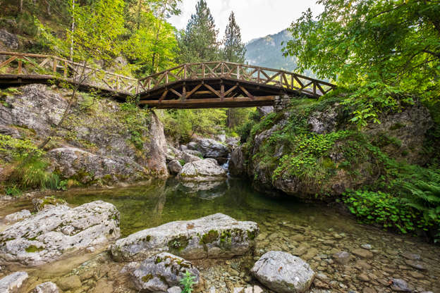 ÎÎ¹Î±ÏÎ¬Î½ÎµÎ¹Î± 1 Î±ÏÏ 35: Wooden bridge over a river in the mountains of Olympus. Prionia, Greece