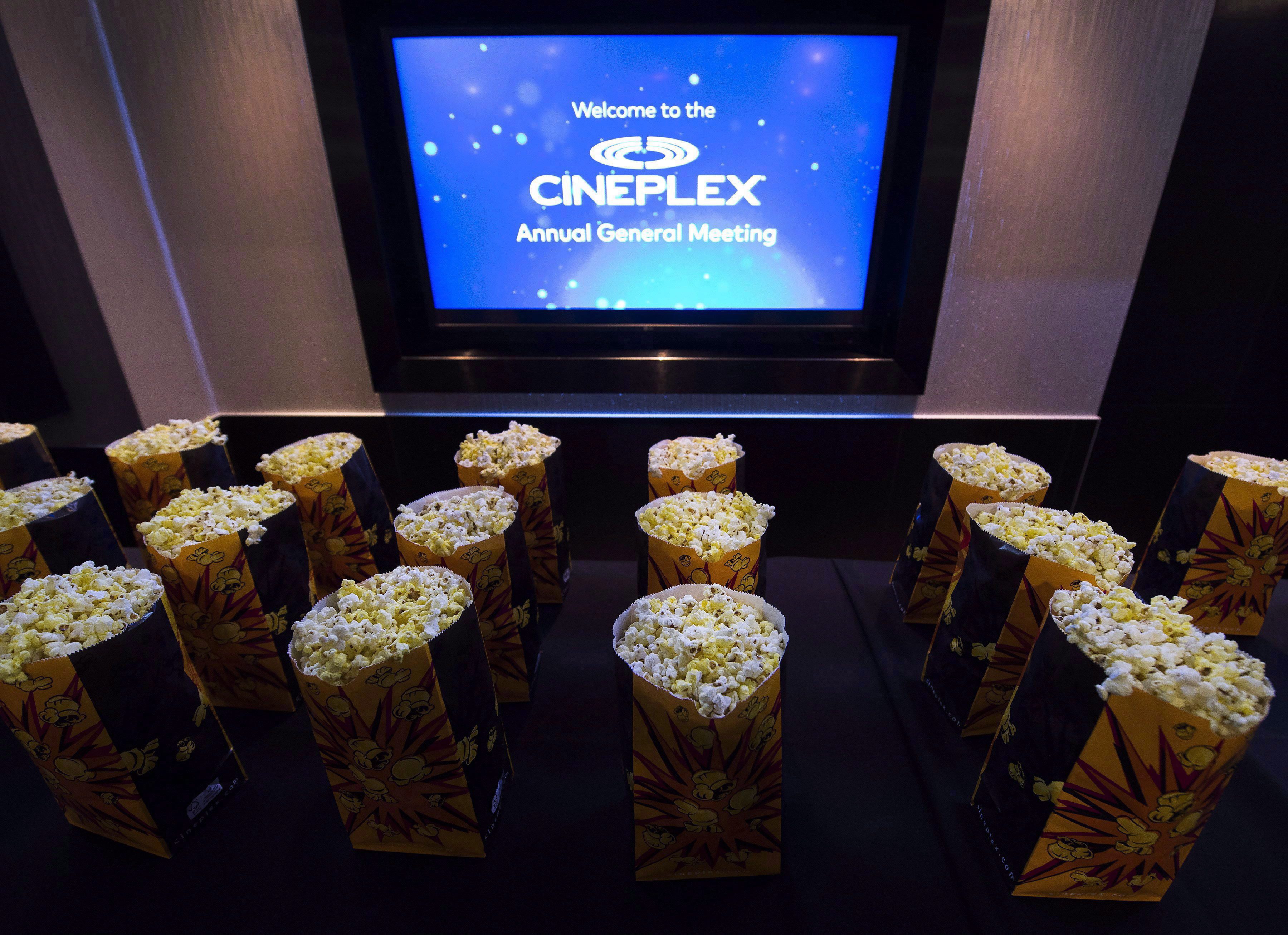 Bags of popcorn are shown during the Cineplex Entertainment company's annual general meeting in Toronto on May 17, 2017.