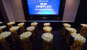 Bags of popcorn are shown during the Cineplex Entertainment company's annual general meeting in Toronto on May 17, 2017.