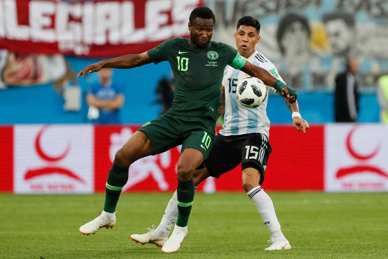 John Obi Mikel of Nigeria national team and Enzo Perez of Argentina national team during the 2018 FIFA World Cup Russia group D match between Nigeria and Argentina on June 26, 2018 at Saint Petersburg Stadium