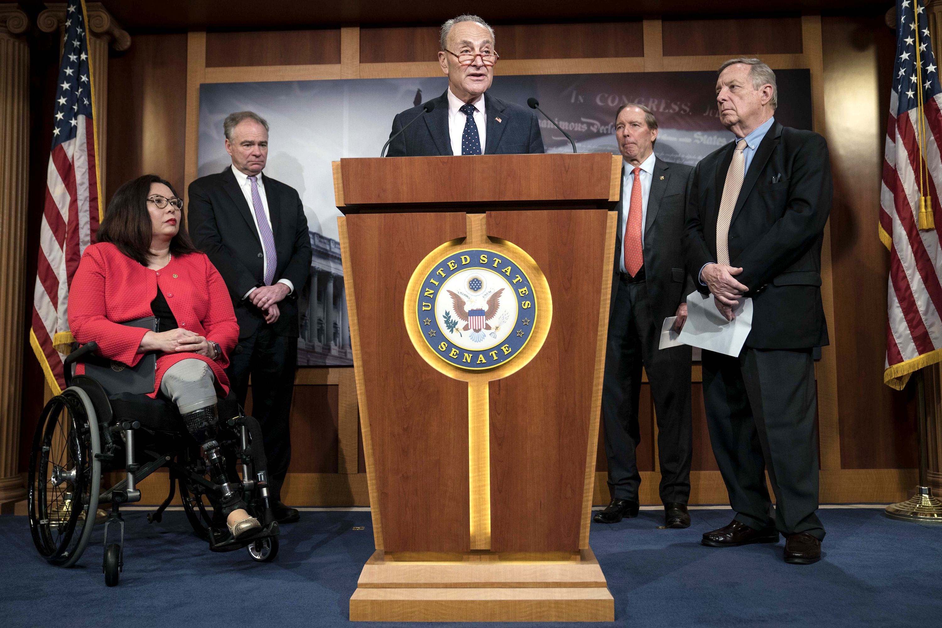 Slide 2 of 48: WASHINGTON, DC - FEBRUARY 13: U.S. Minority Leader Sen. Chuck Schumer (D-NY) speaks during a news conference following the bipartisan Senate vote on the War Powers Resolution on Iran with Senators Tammy Duckworth (D-IL), Tim Kaine (D-VA), Tom Udall (D-NM) and Dick Durbin (D-IL) at the U.S. Capitol on February 13, 2020 in Washington, DC. Some Republicans crossed party lines to join Democrats in voting to freeze President Trump’s ability to wage war with Iran, but fell short of the two-thirds supermajority needed to override a promised veto by Mr. Trump. (Photo by Sarah Silbiger/Getty Images)