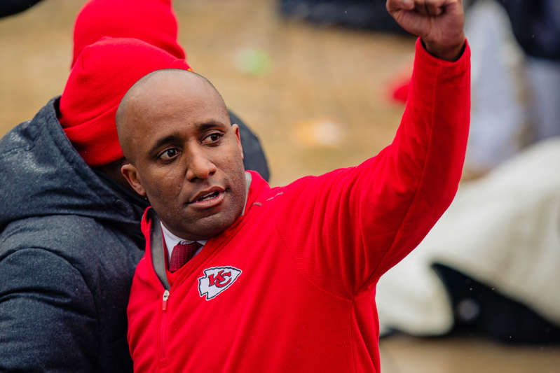 Caption: KANSAS CITY, MO - FEBRUARY 05: Kansas City Mayor Quinton Lucas greets fans during the Kansas City Chiefs Victory Parade on February 5, 2020 in Kansas City, Missouri. (Photo by Kyle Rivas/Getty Images)