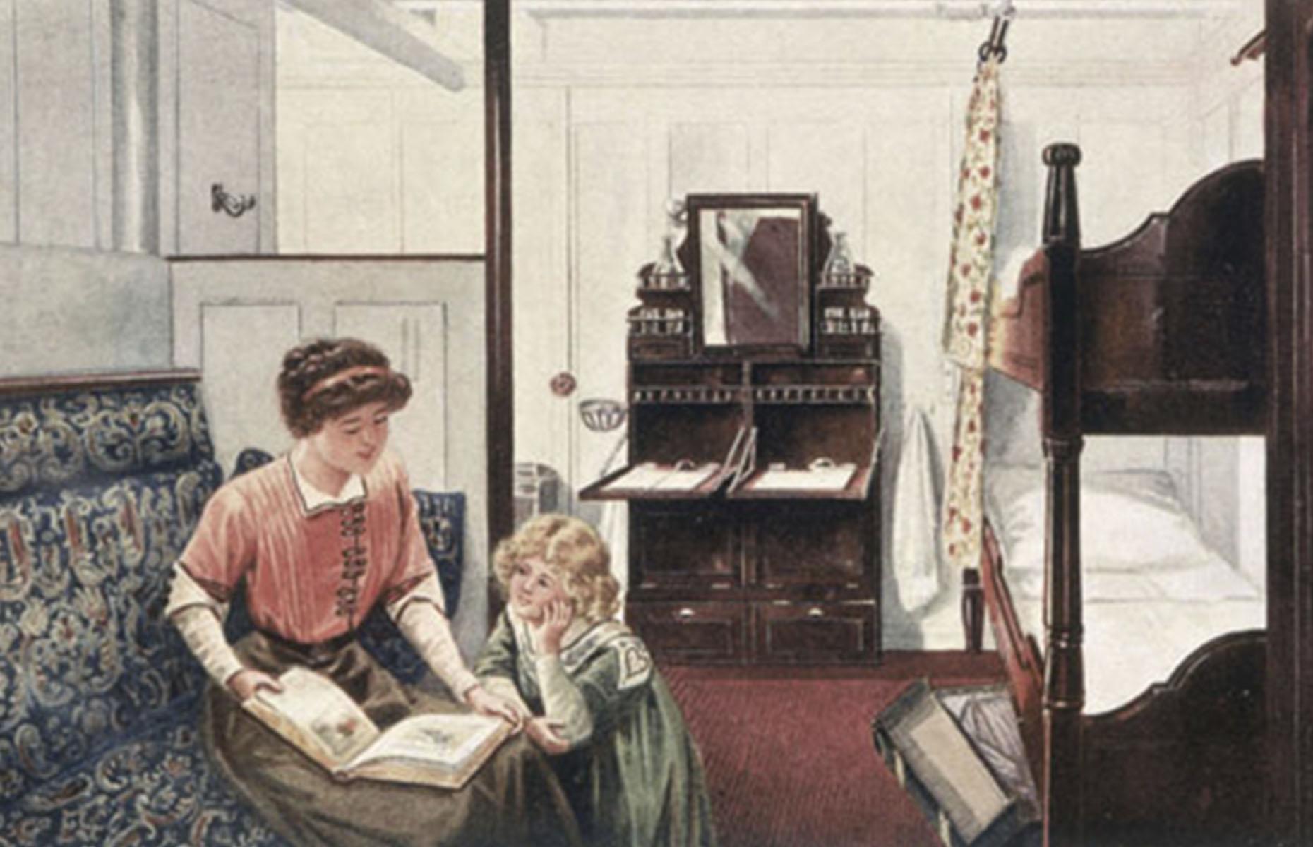 Living a little more luxuriously, second-class passengers had comfortable cabins with shared bathrooms, access to a library, a men-only smoking room (common practice at the time), a large, handsome dining room and promenade decks. Pictured is a period illustration of a second-class stateroom on the RMS Titanic.