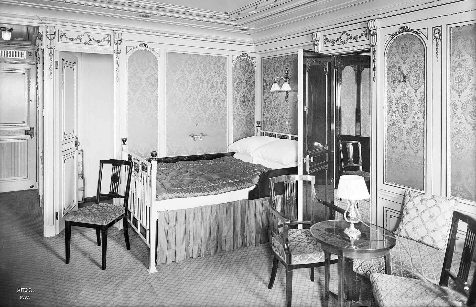 For first-class passengers the upper part of the Titanic was as sumptuously decorated as a high-class hotel. There were lavish staterooms, a grand staircase, a swimming pool, a Turkish bath, a gym, a squash court, leisure rooms and multiple dining rooms all resplendently decorated. Pictured is stateroom B-58 on the Titanic, decorated in Louis XVI style.