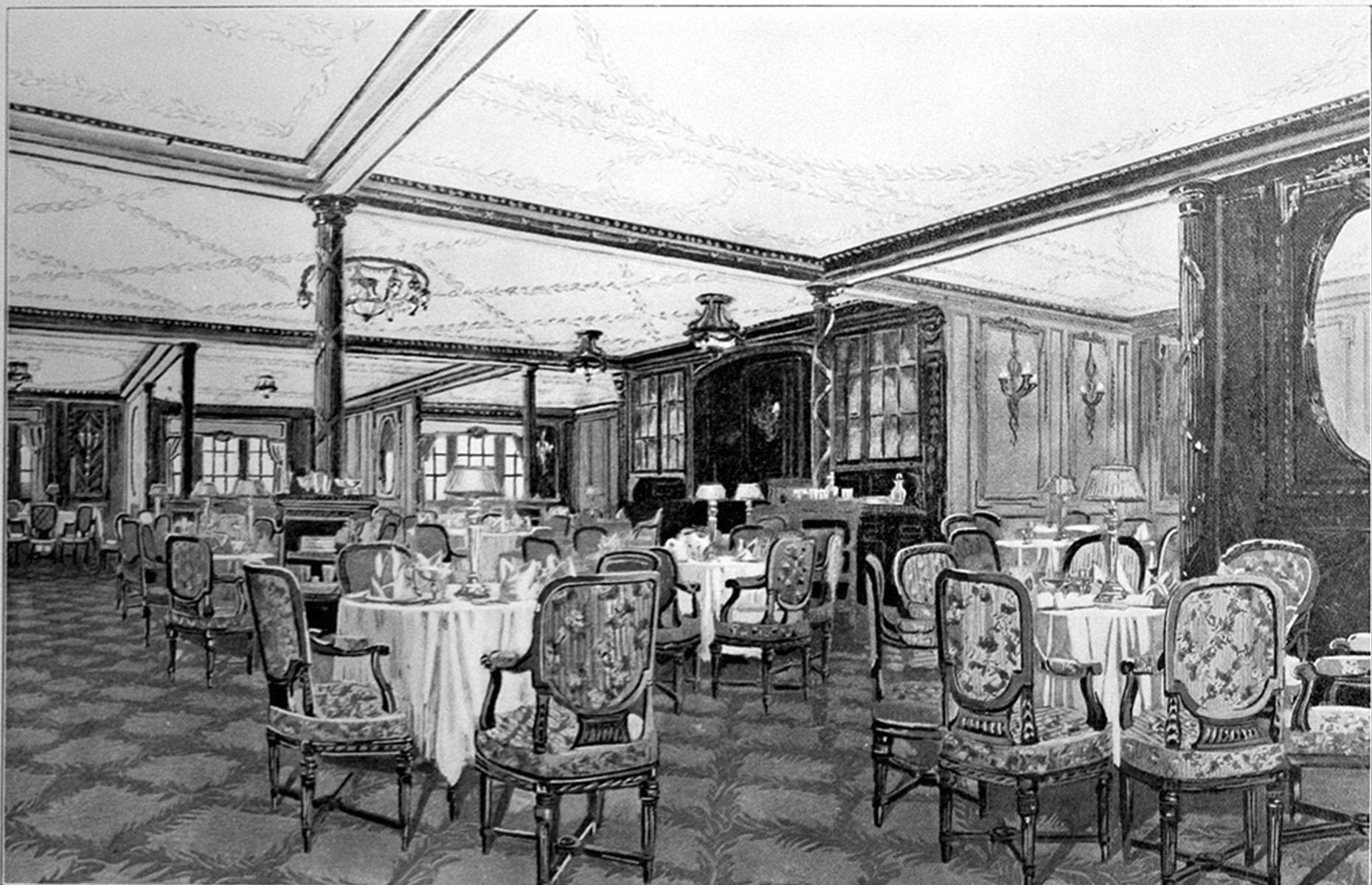 For an extra cost, first-class passengers could book to dine at restaurateur Luigi Gatti’s intimate à la carte restaurant nicknamed the “Ritz” (pictured). The elegant space was fully carpeted with French walnut-paneled walls and picture windows. Small tables were lit by crystal lamps and guests could eat any time between 8am and 11pm, which made it a popular choice. Gatti and the majority of the kitchen staff died when the Titanic sank.