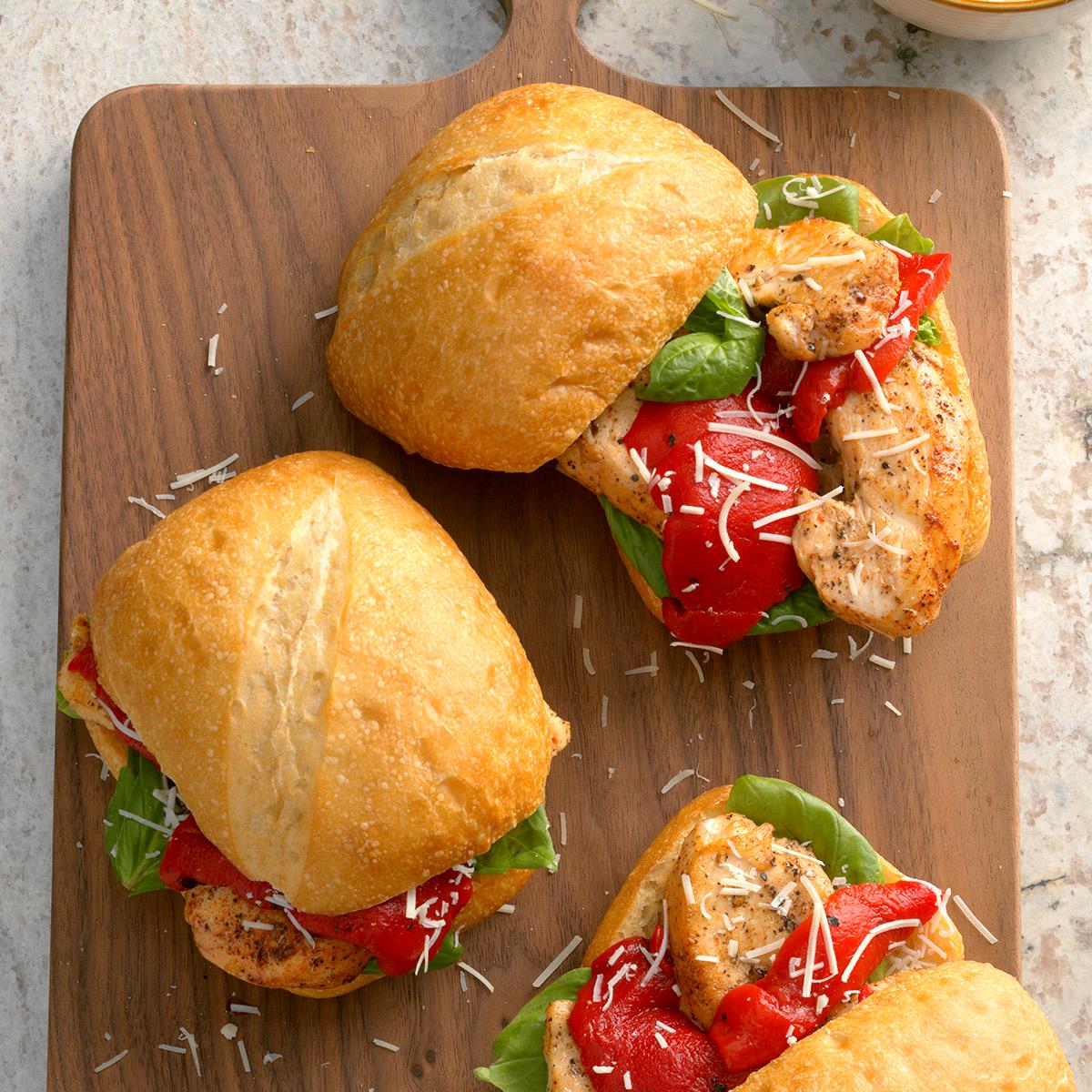 I got the inspiration for this recipe when I knew my parents and in-laws were coming to see our new home. My mother-in-law has food allergies, my father-in-law has some very specific food preferences and my parents appreciate light meals. I created this chicken sandwich with fresh basil for our lunch. —Kerry Durgin Krebs, New Market, Maryland <a href="https://www.tasteofhome.com/recipes/basil-chicken-sandwiches/">Get Recipe</a>