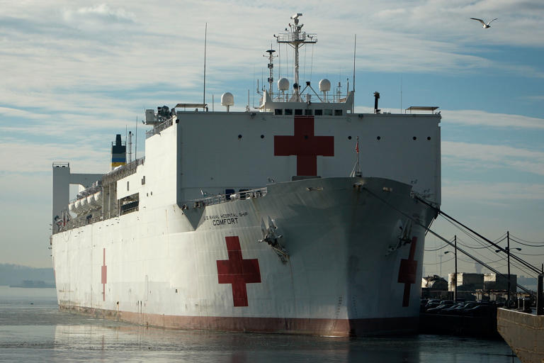 BALTIMORE - JANUARY 15: The Navy hospital ship U.S.N.S. Comfort docks at a pier January 15, 2010 in Baltimore, Maryland. The ship is set to leave for Haiti on a mission to help save lives after a powerful 7.0-strong earthquake struck and devastated the nation on January 12. (Photo by Alex Wong/Getty Images)
