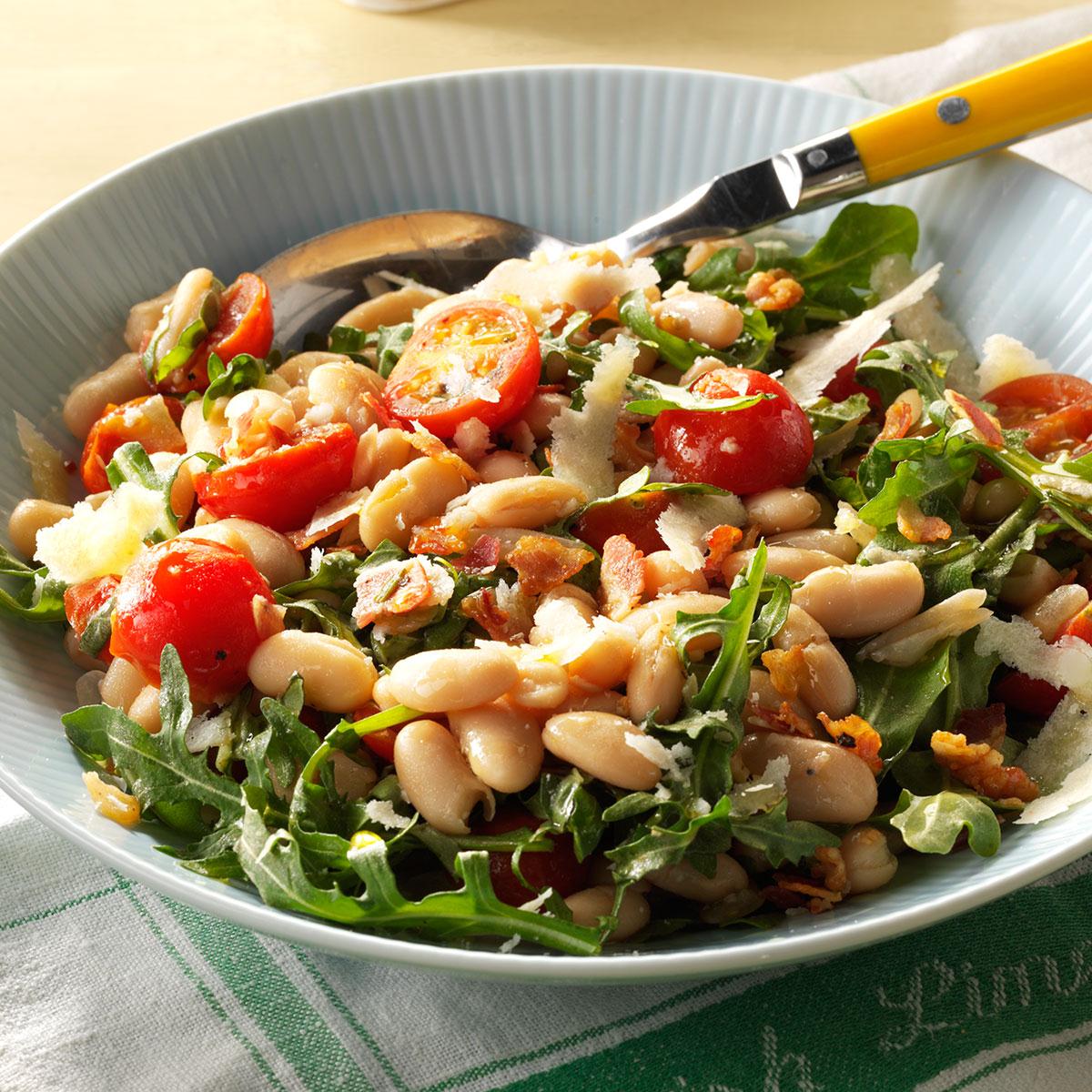 My red, white and green salad is inspired by the Italian flag. Top it with shaved Parmesan. —Malia Estes, Allston, Massachusetts <a href="https://www.tasteofhome.com/recipes/white-bean-arugula-salad/">Get Recipe</a>