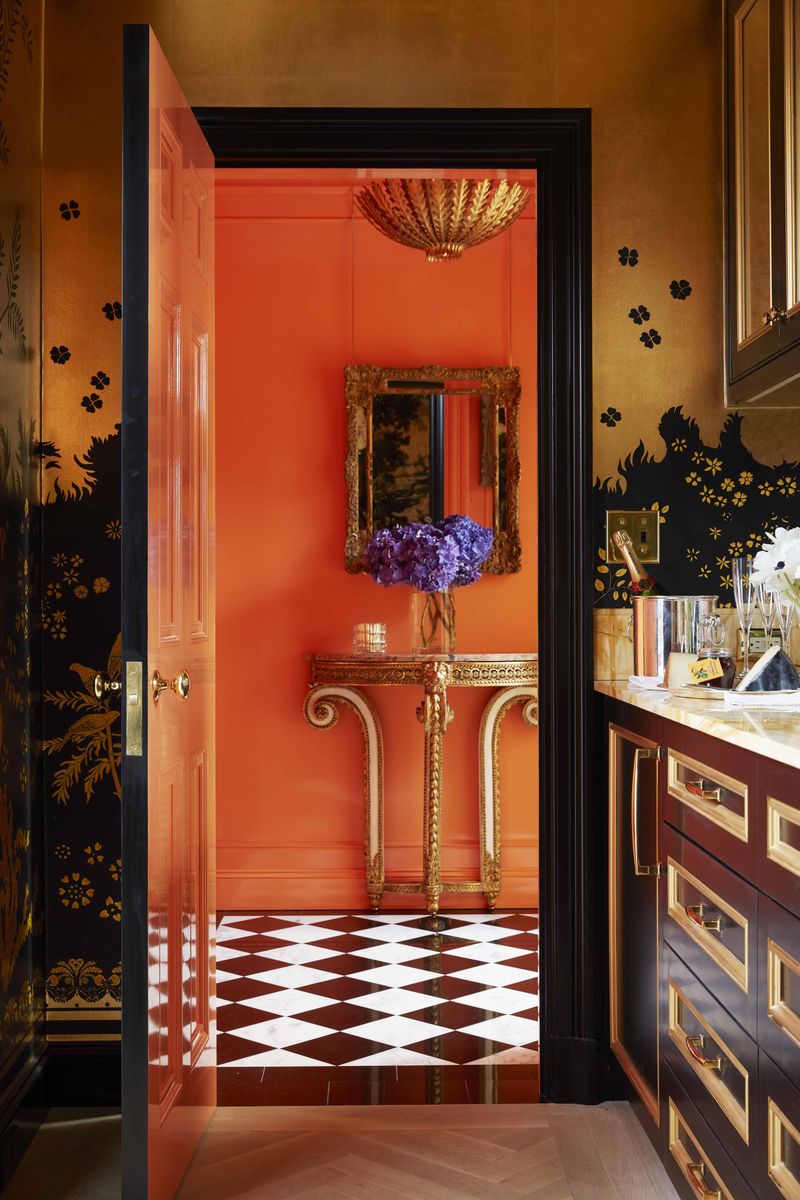 <p>For the bar in her Manhattan apartment, design historian and author <a href="https://maureenfooter.com/">Maureen Footer</a> chose a custom wallpaper inspired by the work of Armand-Albert Rateau, a French furniture and interior designer who helped popularize the Art Deco movement. The Louis XVI console is from <a href="http://www.delvaille.art/">Galerie Delvaille</a>; the pendant light is by <a href="https://www.circalighting.com/our-designers/aerin/">Aerin for Visual Comfort</a>. </p>