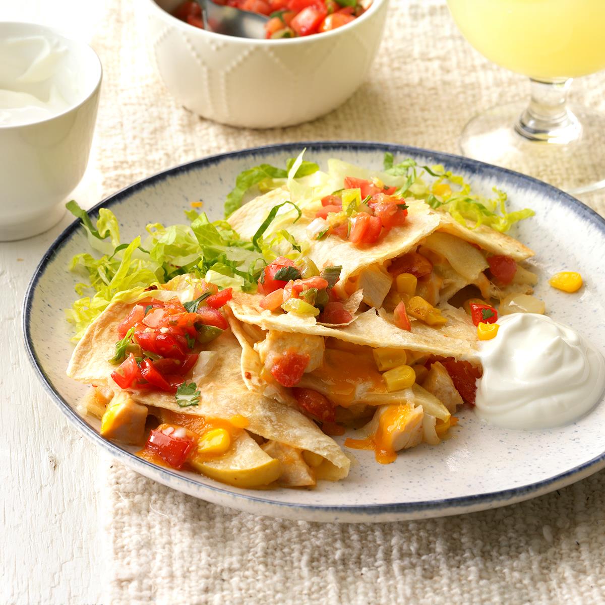 My sister came up with an easy recipe that can be served as a main course or an appetizer. People are surprised by the combination of chicken, apples, tomatoes and corn inside the crispy tortillas, but they love it.            —Stacia Slagle of Maysville, Missouri <a href="https://www.tasteofhome.com/recipes/apple-chicken-quesadillas/">Get Recipe</a>