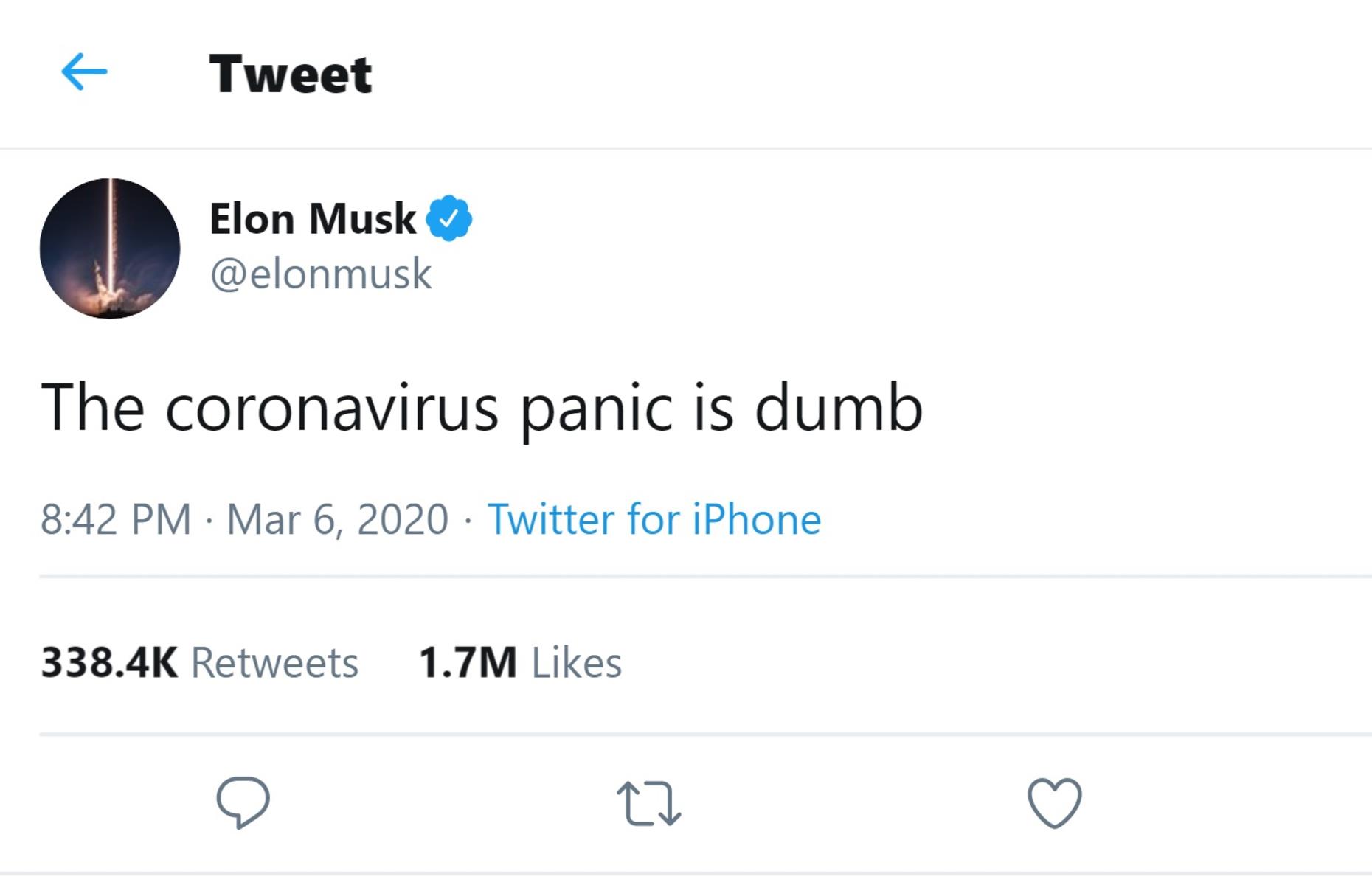 <p>Musk has long been a controversial figure on Twitter, but on 6 March 2020 he took things to another level, tweeting "the coronavirus panic is dumb", to the anger of many. This came just five days before the World Health Organization declared coronavirus a pandemic. On 19 March he further angered people by tweeting that "kids are essentially immune" to the virus, despite clear evidence to the contrary. Twitter has said it will remove tweets spreading misinformation although at present the tweet still remains.</p>
