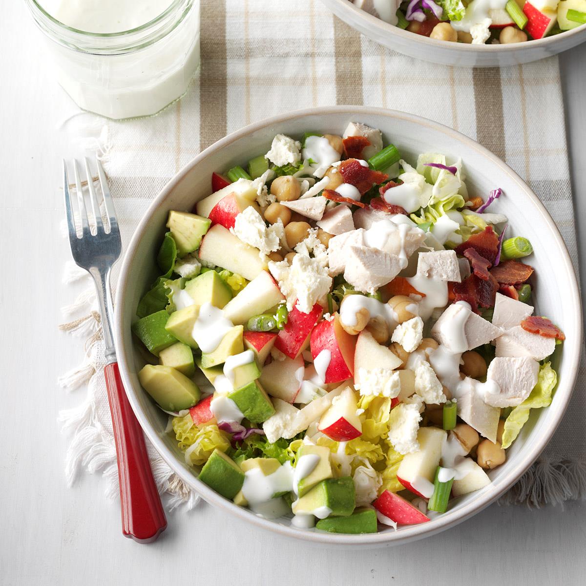 This "skinny" version of Cobb salad has all the taste and creaminess with half the fat and calories. You can skip the coleslaw mix and do all lettuce, but I like the crunch you get with cabbage. —Taylor Kiser, Brandon, Florida <a href="https://www.tasteofhome.com/recipes/skinny-cobb-salad/">Get Recipe</a>