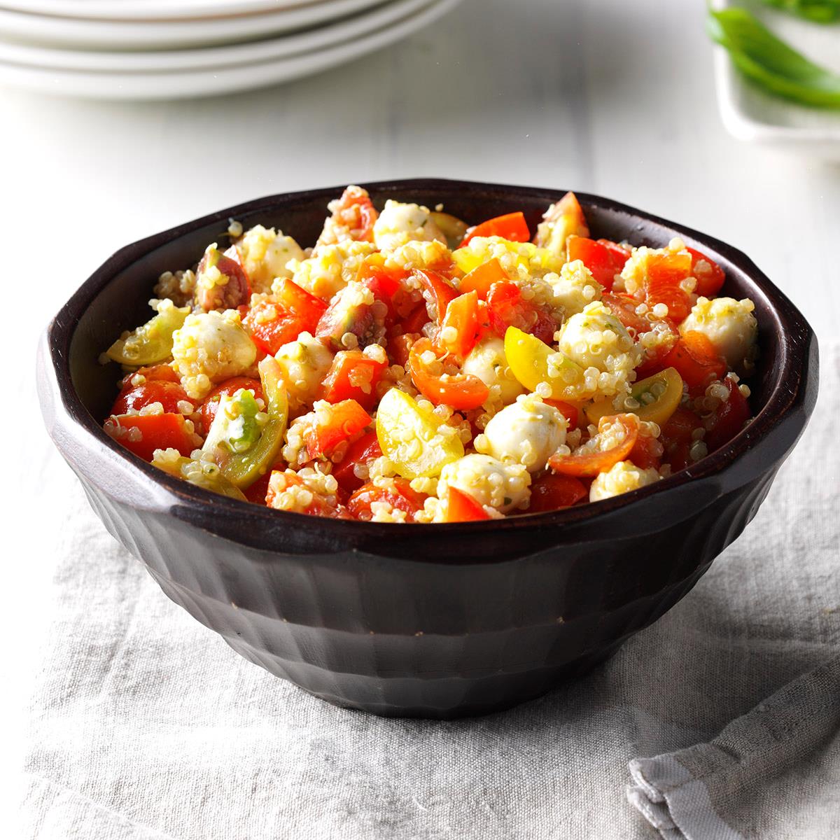My daughter-in-law got me hooked on quinoa, and I'm so glad she did! I've been substituting quinoa in some of my favorite pasta recipes, and this dish is the happy result of one of those experiments. I love using my garden tomatoes and peppers in this salad; however, sun-dried tomatoes and roasted red peppers are equally delicious. —Sue Gronholz, Beaver Dam, Wisconsin <a href="https://www.tasteofhome.com/recipes/pesto-quinoa-salad/">Get Recipe</a>