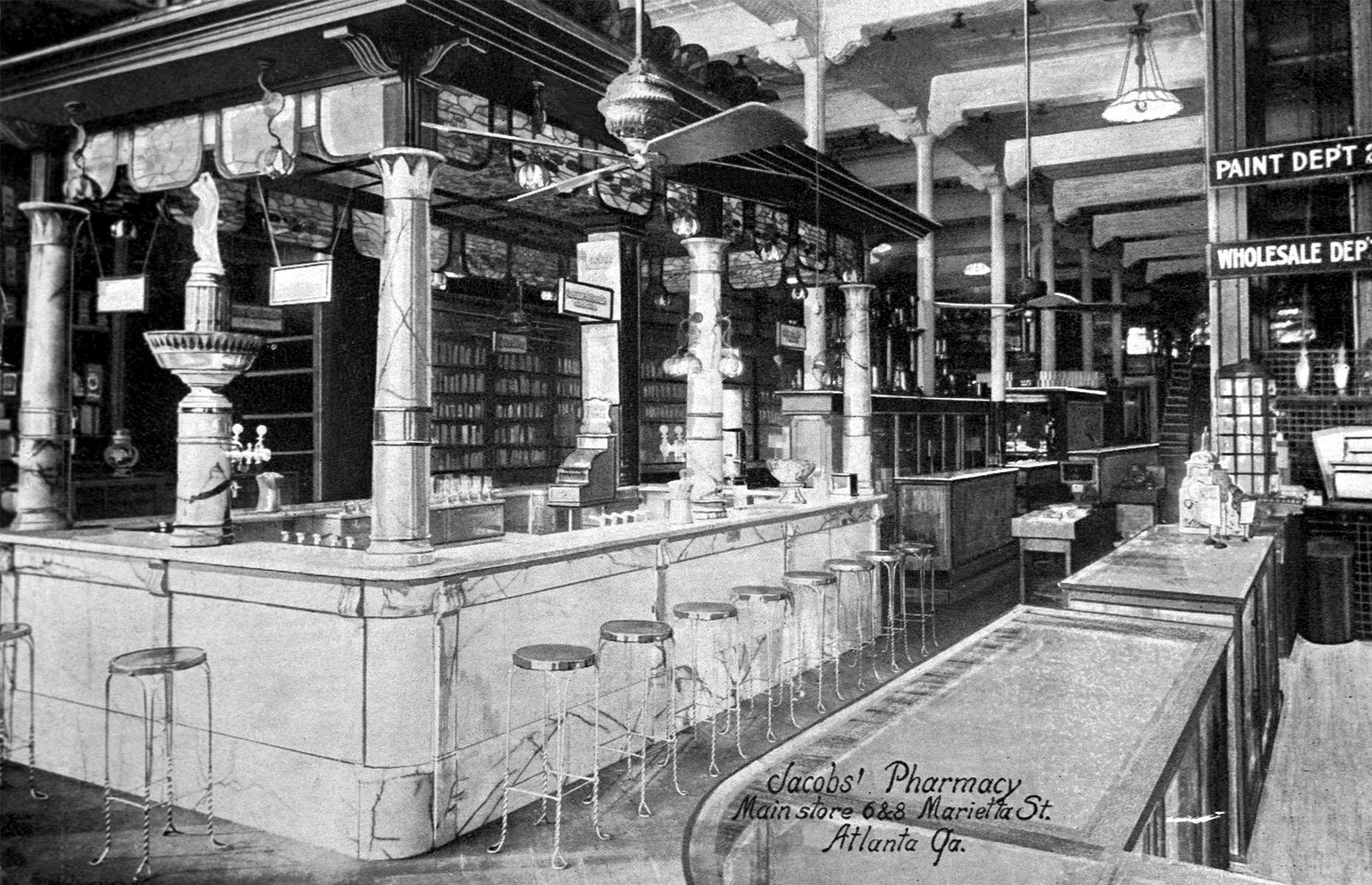 When the famous Coca-Cola bottle was first introduced, it was a landmark moment for the brand because it was originally only available from soda fountains. The place pictured is Jacobs' Pharmacy in Atlanta where Coca-Cola was first sold. In 1899, three businessmen – Benjamin Thomas, Joseph Whitehead and John Lupton – bought the rights to bottle Coca-Cola for just $1.