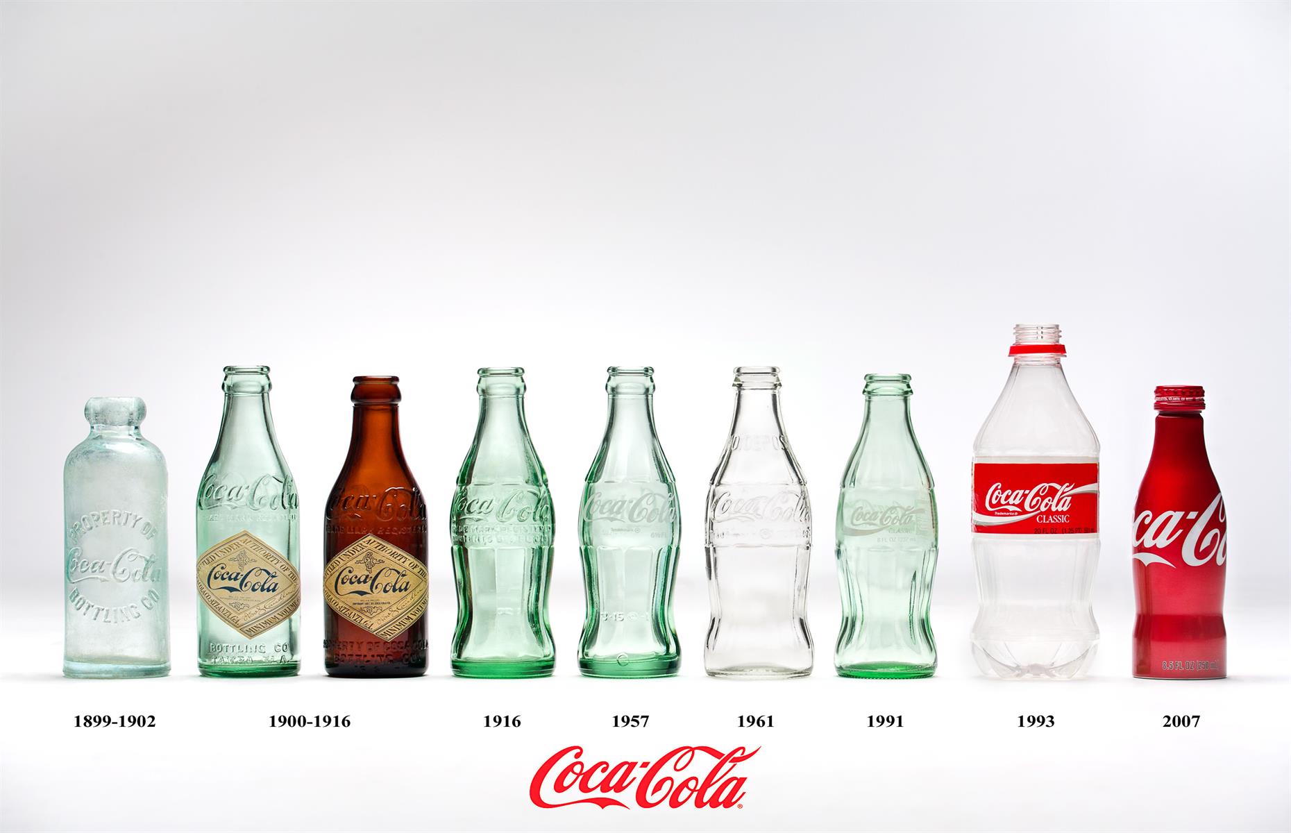 In 1915, owner Candler set up a competition to create a bottle design that would distinguish Coca-Cola from its competitors. The winner was The Root Glass Company based in Terre Haute, Indiana. The bottle’s bulbous design was modeled on a cocoa bean – an ingredient incorrectly believed to be in Coca-Cola. This image shows how the bottle's design has changed from 1899 to 2007.