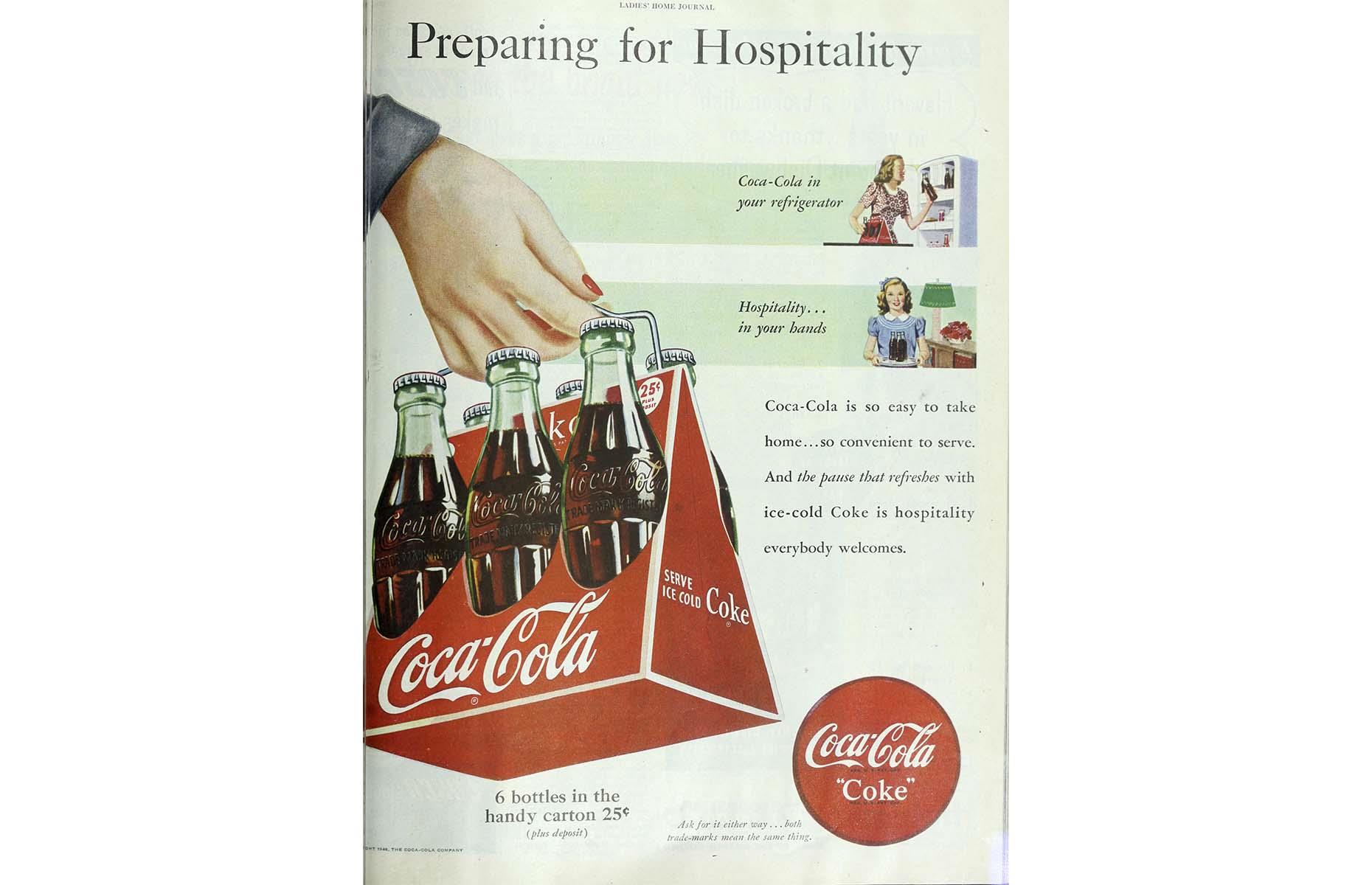 <p>Not only was Coca-Cola one of the first brands to devise a modern way of bottling its product, it was also an early adopter of multi-packs. Noticing a trend in shoppers buying more than one bottle at a time, in 1923 it introduced six-packs so consumers could carry multiple glass bottles home without them smashing. This advert was published in <em>The Ladies Home Journal</em> in 1948.</p>