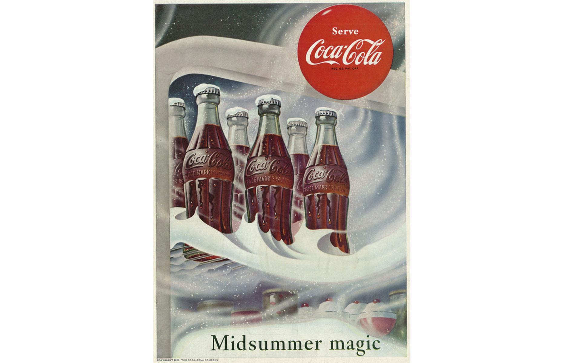 <p>The name Coca-Cola was born out of two components of the drink: cocaine which was derived from the coca plant and caffeine from the kola nut (alliteration was deemed to be more marketable). The logo hasn’t changed much since 1886, aside from a few tweaks. The Spencerian font first used is still evident in today’s design – the most noticeable addition was the wavy underline in 1969. This advert was published in <em>Family Circle </em>magazine, in July 1953.</p>