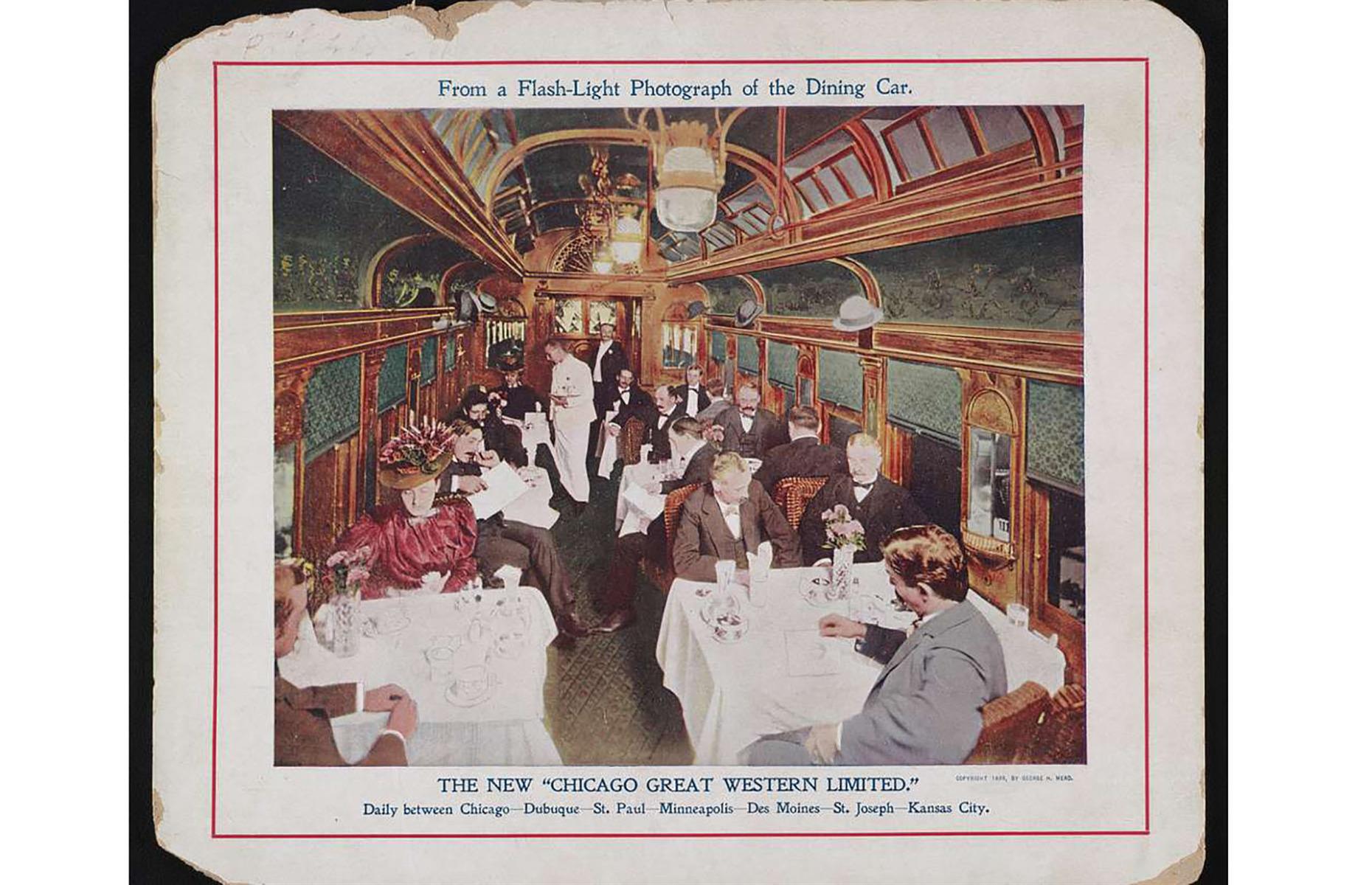 <p>Chicago Great Western Railway was a relatively small railroad chain, its routes mostly connecting Chicago and the Twin Cities. What it lacked in size though, it made up for in elegance and glamour. The daily Great Western Limited trains connecting Chicago and Kansas City didn't skimp on lavishness either, as seen in this photograph of the dining car, captured in 1899. Dedicated dining cars were already a normal part of long-distance trains by the mid-1880s.</p>