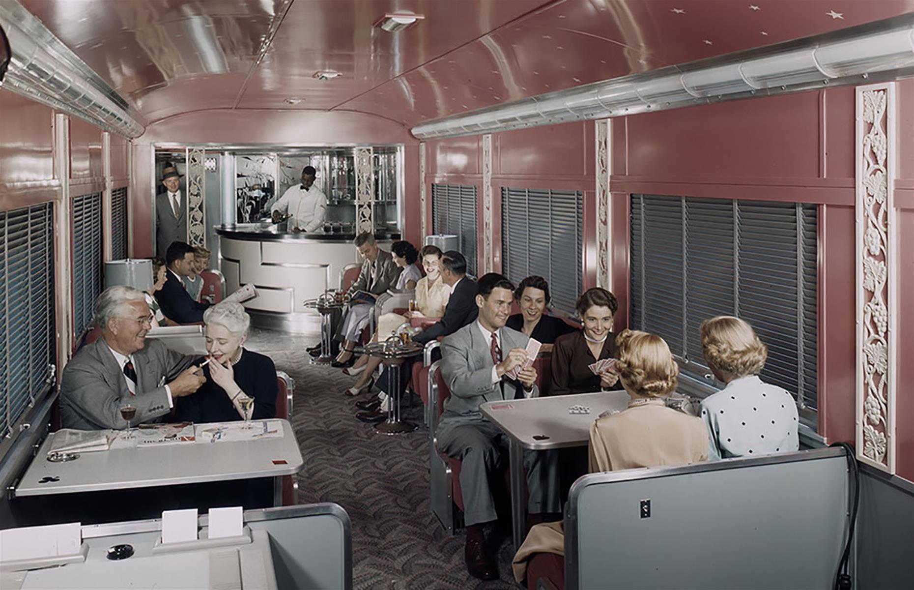 Operated by the Southern Pacific Railroad, Sunset Limited was a route connecting New Orleans with Los Angeles. The oldest named train in the US, Sunset Limited started operations in 1894 and, having opened 20 years before the Panama Canal, offered a quicker connection between the East and West Coasts. Here, travelers are seen passing the time in one of the two lounge cars in the 1950s.