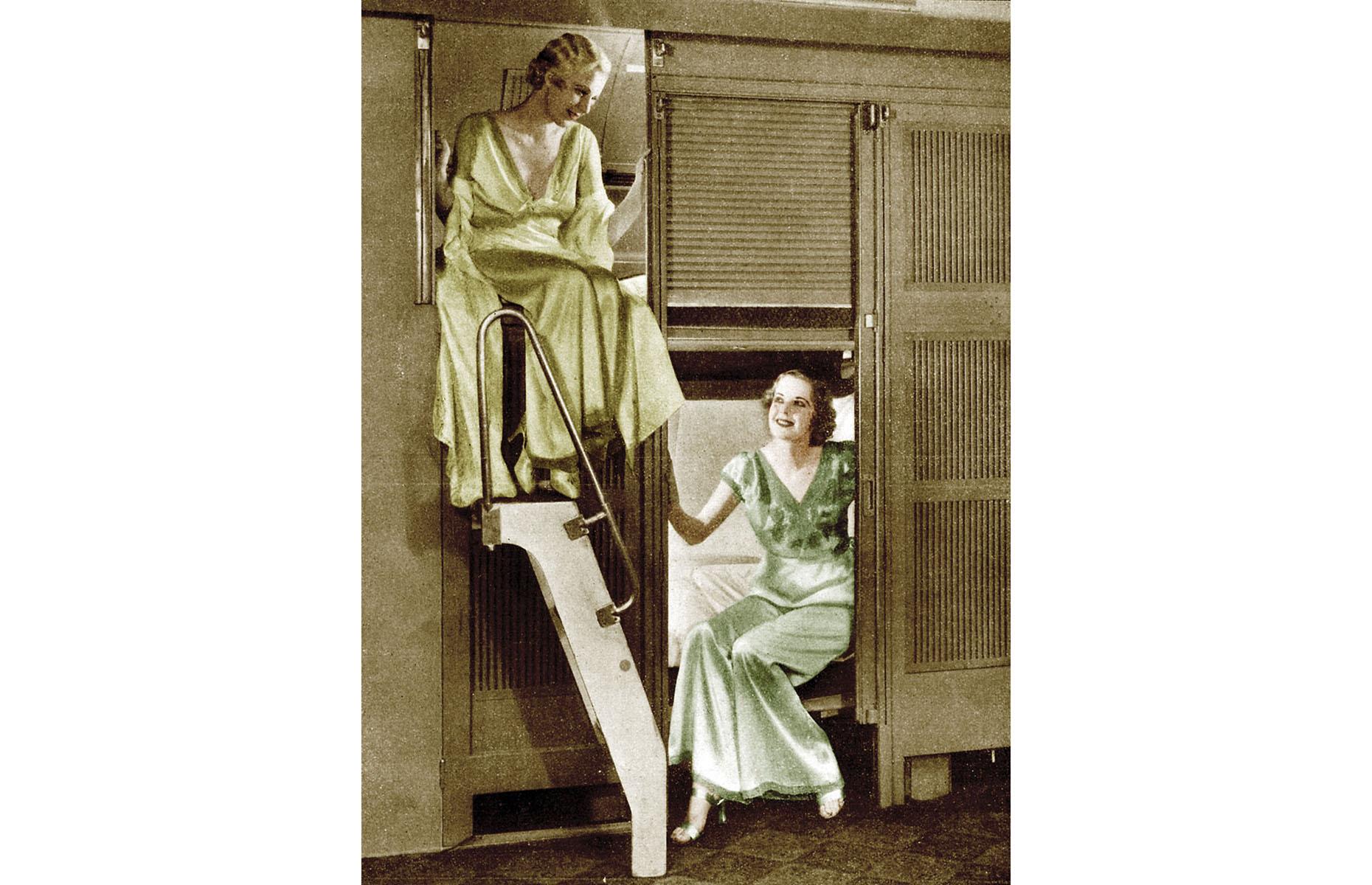 Although the 1930s was a turbulent decade largely defined by the stock market crash and the Great Depression in the US, as well as the start of the Second World War, the Roaring Twenties had left its mark on train travel. Still a rather luxurious experience, especially for the wealthy, here two ladies in silk nightwear are captured inside a sleeping compartment on a Union Pacific Railroad train in the 1930s.