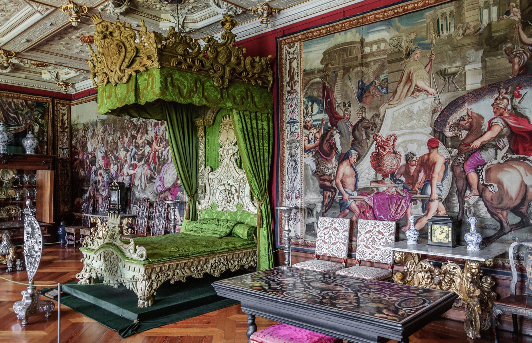 Slide 55 of 61: The castle suffered a devastating fire in 1859, which ruined most of the building, however, over 300 paintings were saved and can now be seen in the castle's museum. Reconstruction was publicly funded and today 70 rooms, plus the Chapel, the Rose Room and the Audience Room are included in the museum. 