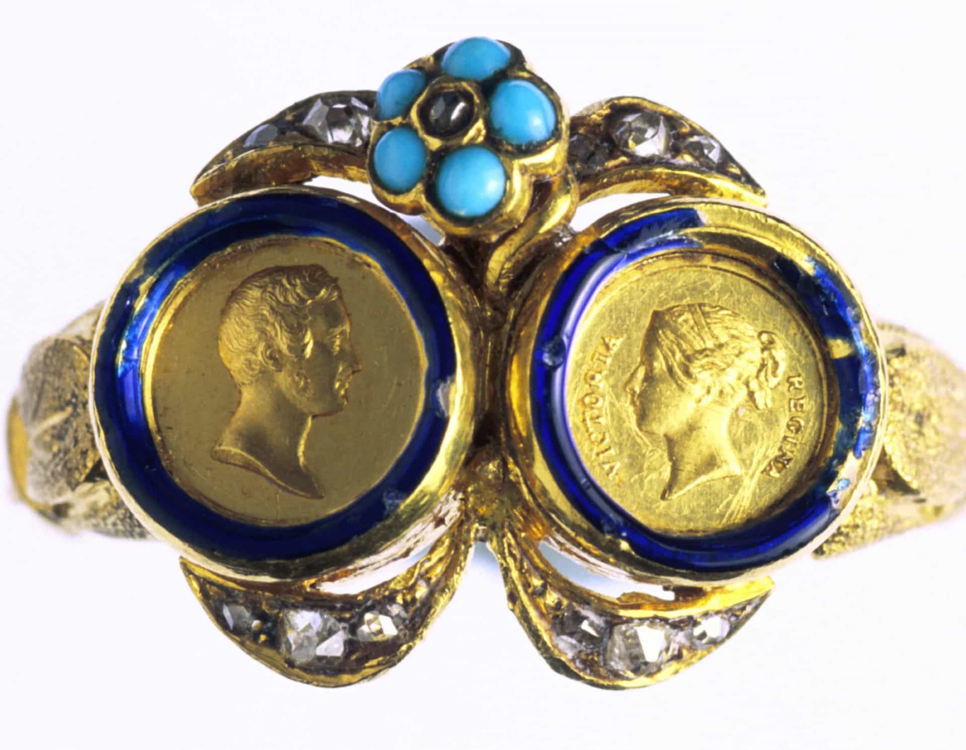 <p>A gold ring, with portraits of England's Queen Victoria and Prince Albert, from around 1840. The bezel is formed of miniature medals of Victoria and Albert. It was made by Rundell, Bridge and Rundell, who became the royal goldsmith in 1789.</p>