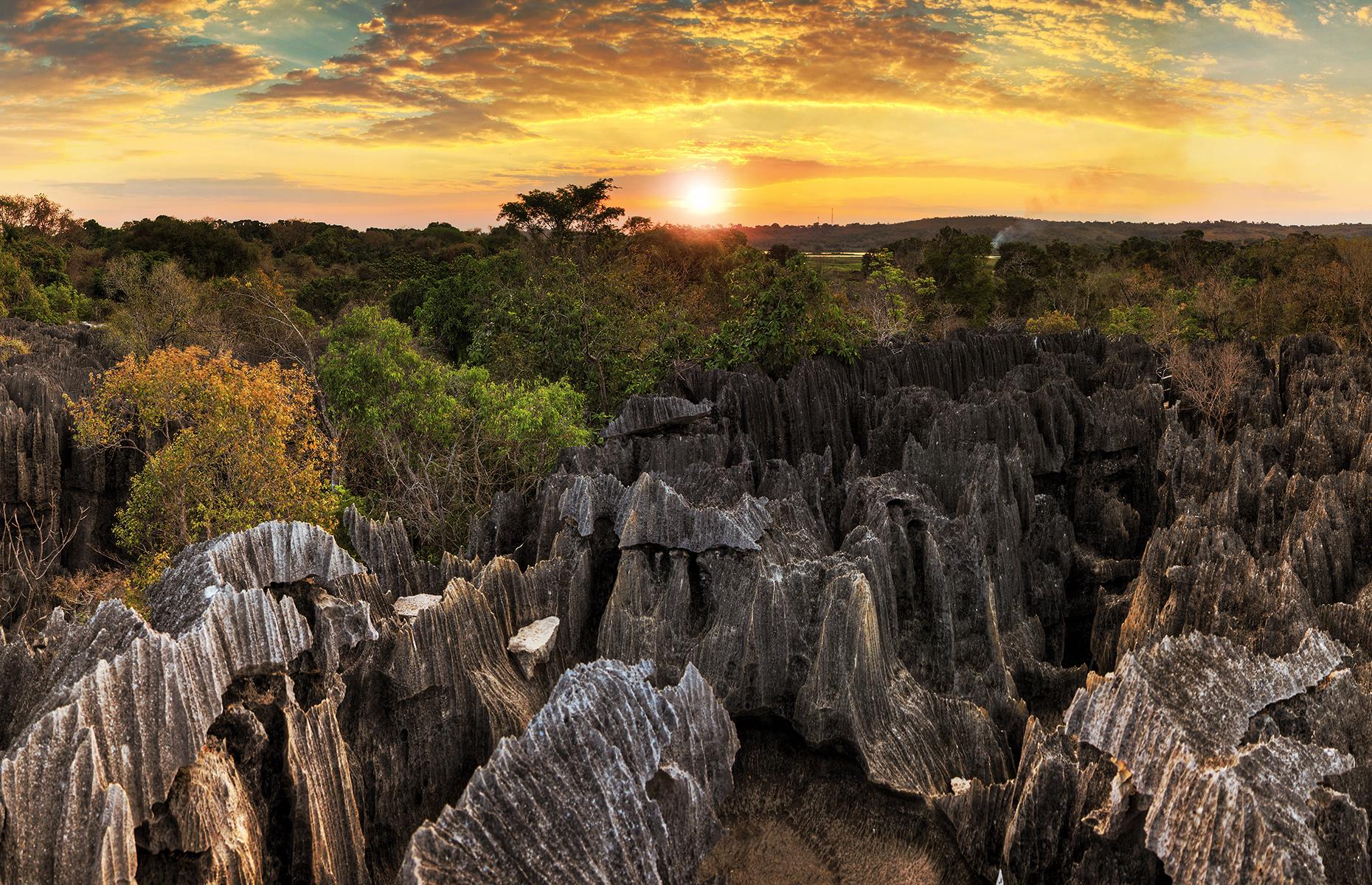 Slide 19 of 44: It's hardly surprising that this labyrinth of needle-shaped rock formations remains largely unexplored. Except for a few trails, bridges and viewpoints, much of this national park in Madagascar is untouched by humans.