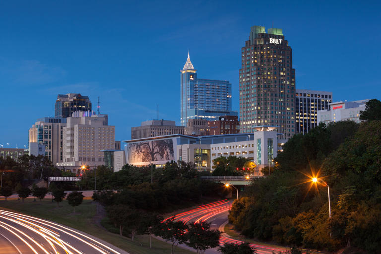 USA, North Carolina, Raleigh, city skyline, dusk.