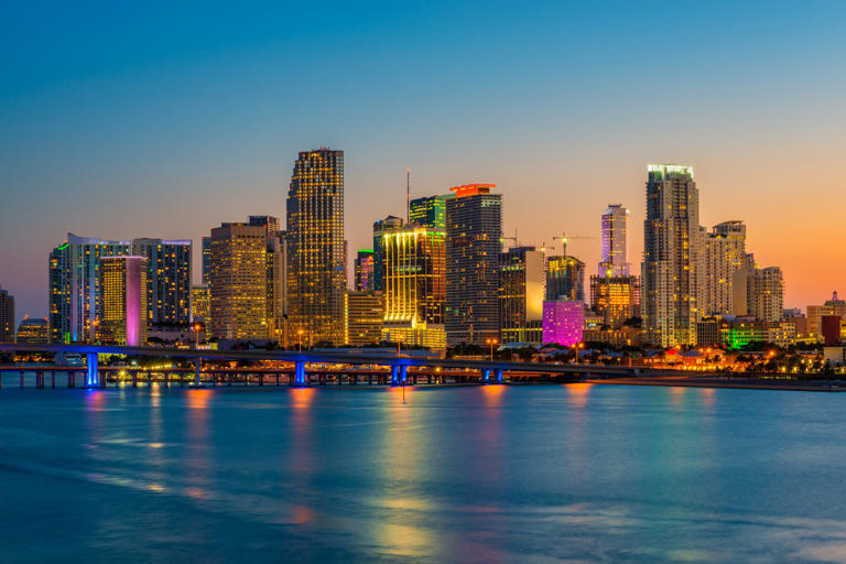 Skyline of Miami, Florida, USA around Sunset.