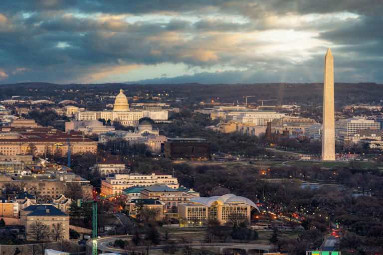 Travel and Tourism concept, Top view of Washington DC down town, United states Capitol, Washington monument and Lincoln memorial