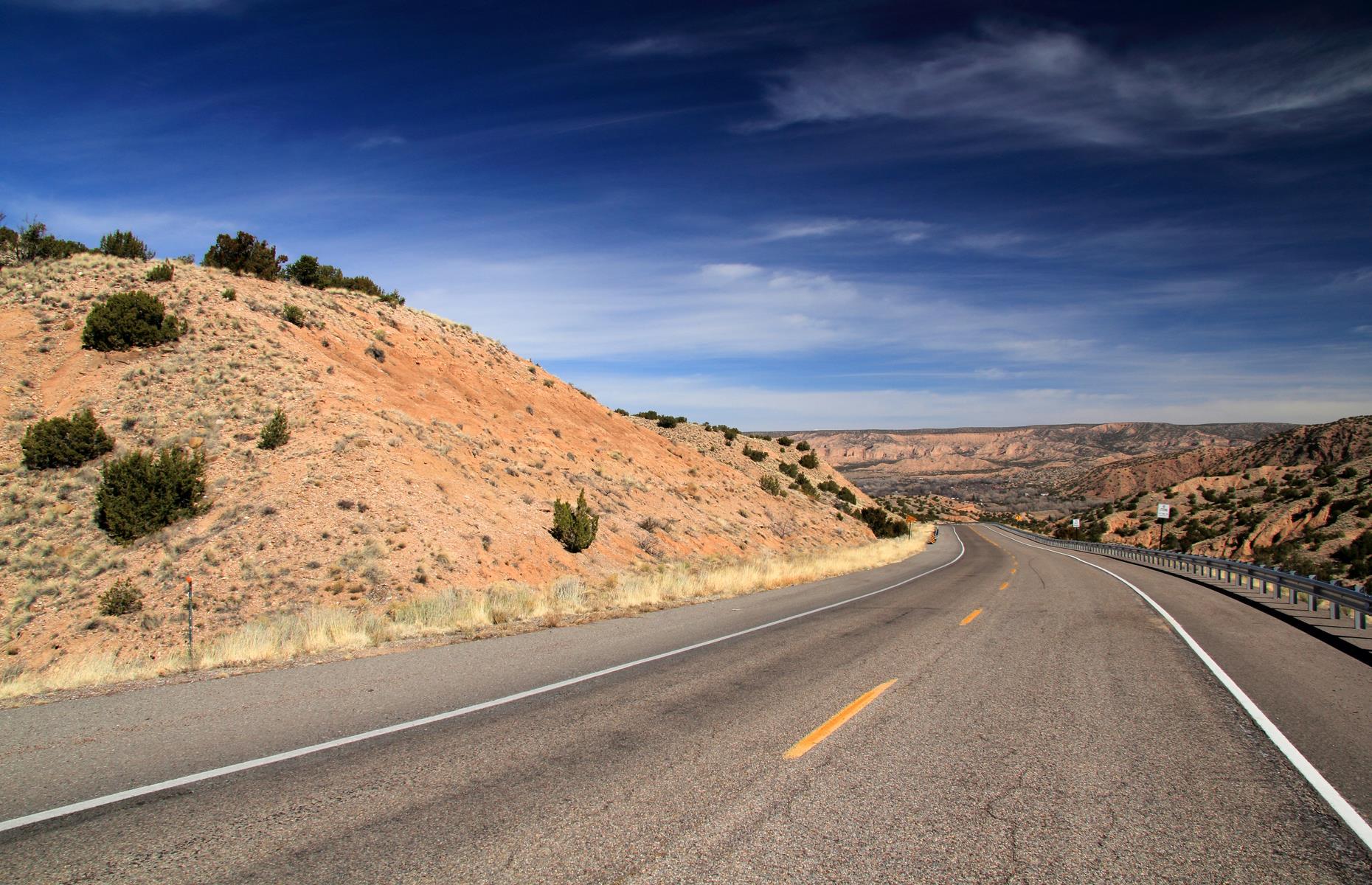 <p>The High Road to Taos Scenic Byway is a striking route that travels out from Santa Fe, the capital of New Mexico, up to the high-desert town of Taos. From end to end, the journey is around 70 miles (113km) and can be completed in under two hours, but most drivers take their time, visiting little mountain villages and taking in fine examples of Spanish colonial architecture along the way.</p>