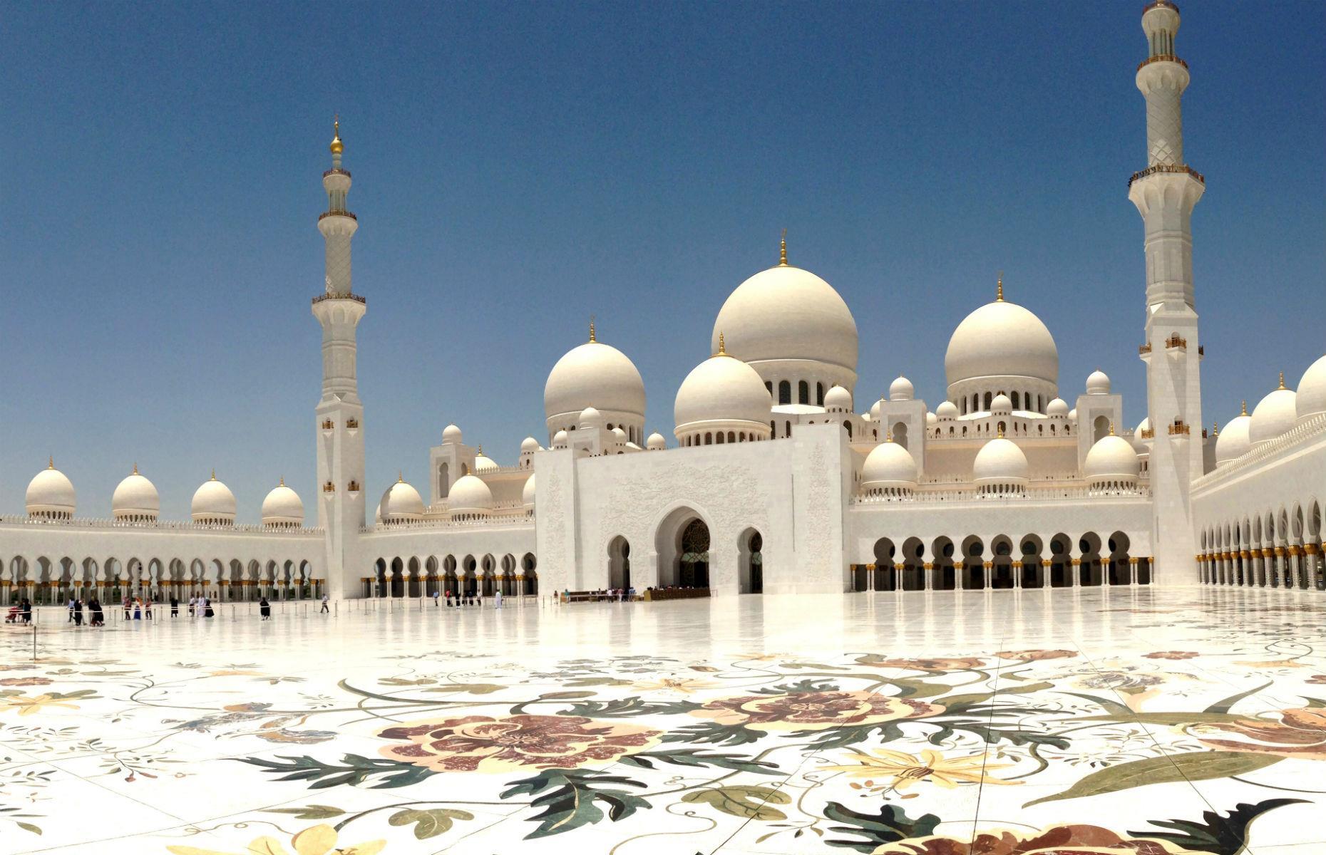 Slide 16 of 45: One of the world’s largest mosques, Abu Dhabi’s Sheikh Zayed Grand Mosque has a number of impressive facts and figures associated with it. The grand structure can accommodate more than 40,000 worshippers, has 82 domes, more than 1,000 columns and is also home to a number of 24-carat gold gilded chandeliers.