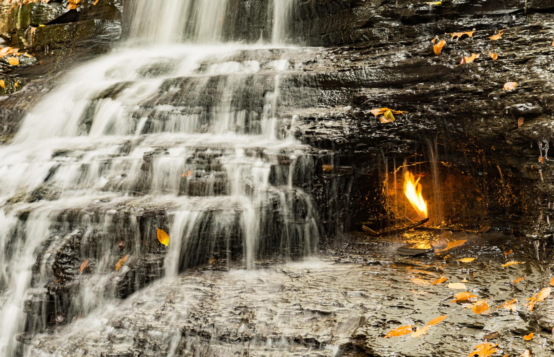 These fiery falls would be a jaw-dropping sight wherever in the world you found them. They're actually located in Chestnut Ridge Park and an "eternal flame" flickers mysteriously beneath the rushing water. The fire is rumored to have been lit many thousands of years ago by Native Americans, and a little grotto below the waterfall emits natural gases that keep the flame alight. Visitors can reach it via a moderate hiking trail a little over a mile (1.6km) long.